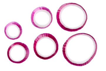 Sliced red onion rings isolated on white background. Top view