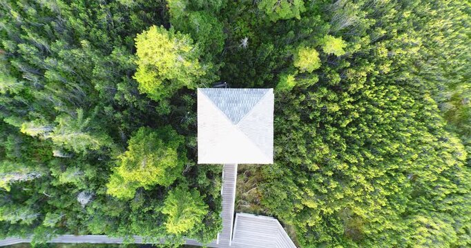 Wooden hut in peat bog at Lovrenc Lakes aerial view