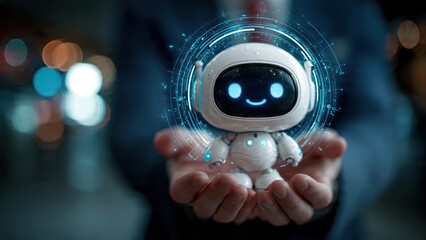 A person holding a small robot with a smiling face, representing technology and innovation in a professional setting
