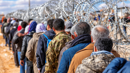 A lot of poor refugees walking along barbed wired fence, humanitarian crisis