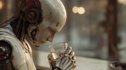 Humanoid robot holding a glass of water in a minimalist futuristic environment. Concept of artificial intelligence, technology and care of  water consumption.