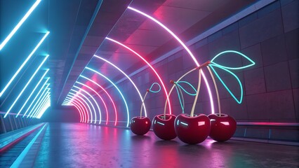 Neon glowing cherry fruit objects inside a dark futuristic tunnel