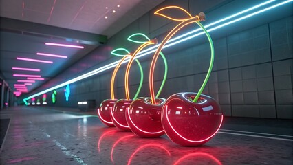 Row of shiny red cherry fruit illuminated by neon lights indoors