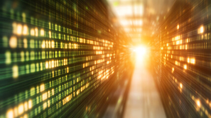 Dynamic light and digital patterns create an abstract representation of technological progress and innovation.