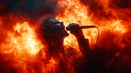 Rock band lead singer sings in fire - symbol of passion