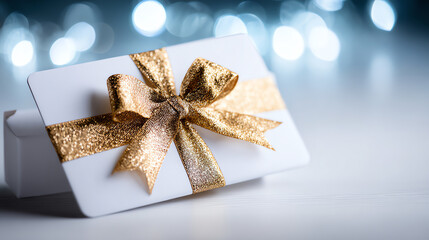 Elegant gift card adorned with a shiny golden ribbon, perfect for special occasions or celebrations, creating a sense of joy and anticipation.