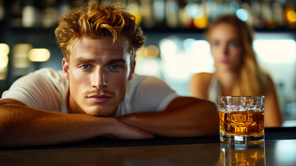 Man with sullen face is drinking at bar counter. His displeased wife is watching him. Martial quarrel