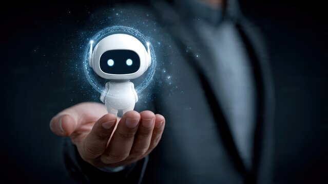 A person holding a small robot with a smiling face, representing technology and innovation in a professional setting - Powered by Adobe
