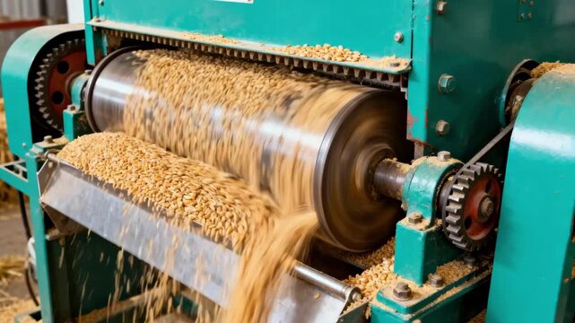 Closeup side angle of painted casing roller mills in operation emphasizing vibrant colors and dynamic grain movement through robust agricultural machinery.