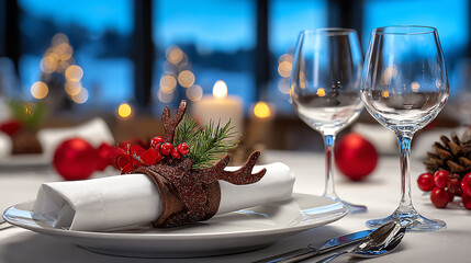 Elegant holiday dining setup featuring festive decorations, sparkling wine glasses, and a beautifully presented table setting.