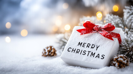 Festive Christmas gift wrapped in white with a red ribbon, surrounded by snow and pine cones, celebrating joyful holiday spirit.