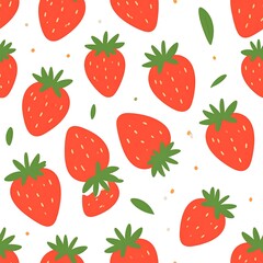 Playful repeat pattern of cartoon strawberries scattered across a white backdrop, speckled with tiny dots and green leaves