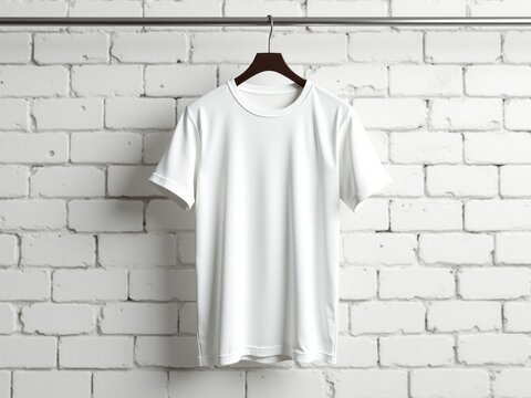Una camiseta blanca impecable, de cuello redondo cuidadosamente colocada en una elegante percha