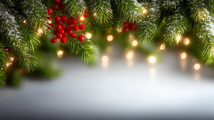 Festive pine branches adorned with red berries and twinkling lights, creating a warm and inviting holiday atmosphere.
