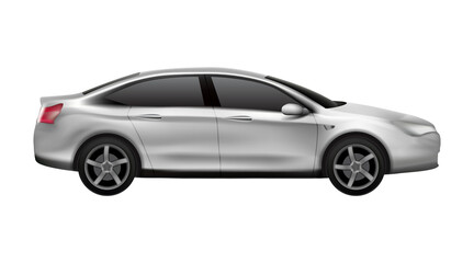 Fototapeta premium Silver modern sedan car side view isolated on transparent background, sleek luxury vehicle illustration for automotive transport design, realistic style.