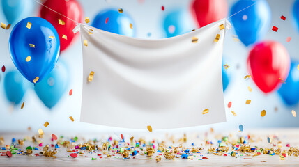 Festive scene with colorful balloons, confetti, and a blank banner awaiting your message. Perfect for celebration themes.