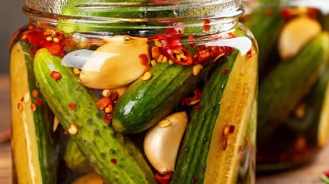 Closeup medium shot of spicy pickled cucumber spears being carefully layered in jars with chili flakes and aromatic garlic capturing the fiery flavor infusion process.