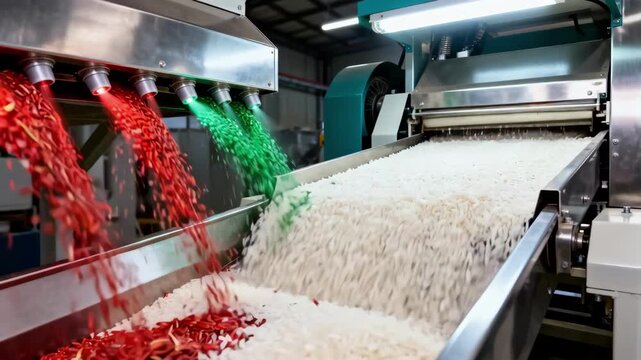 Compact rice optical sorter in action ejecting discolored grains with targeted air bursts in a smallscale processing environment.