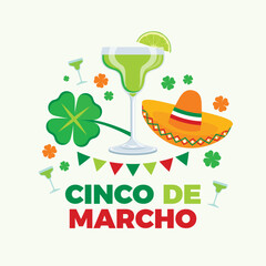 Cinco de Marcho poster vector illustration. Glass of margarita, a four-leaf clover and a sombrero icon set. Template for background, banner, card. Training for St. Patrick's Day. March 5 every year