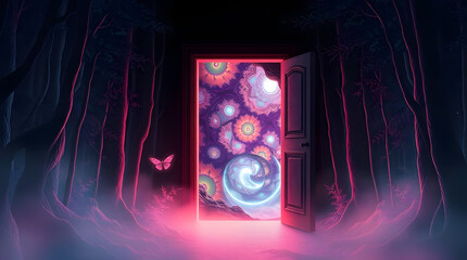 Mystical door opens to vibrant surreal landscape with glowing patterns