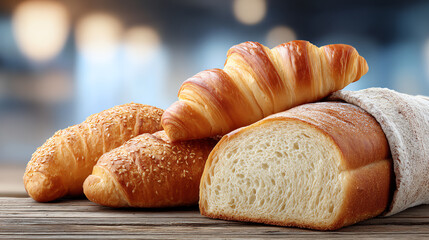 Freshly baked bread assortment including croissants and loaves, perfect for breakfast or any meal. Delightful and tempting.