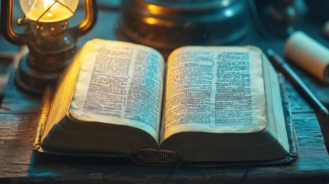 Sacred wisdom unfolds, ancient scripture illuminated by a warm glow, offering profound spiritual guidance and contemplative study on aged wooden desk.