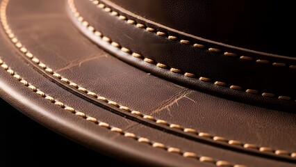 Close-up of weathered brown leather hat with detailed stitching and a rugged texture, showcasing craftsmanship and rustic style
