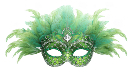 carnival mask with green feathers and diamonds, isolated on a white background