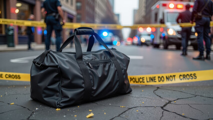 Black duffel bag rests on cracked street, surrounded by police tape and emergency vehicles in background, creating tense atmosphere
