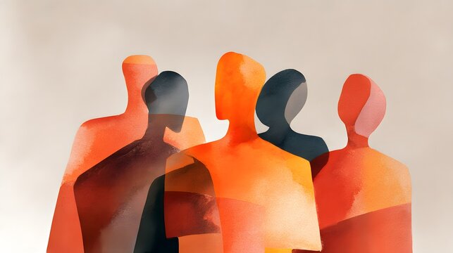 Vibrant abstract figures convey unity and energy a striking orange form leads the colorful composition