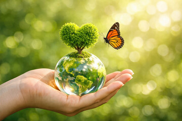 Earth Day Globe with heart shaped plant in hand with butterfly environmental concept