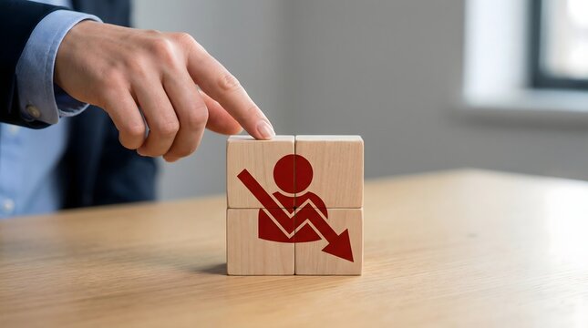 Businessman assembling wooden blocks with down arrow