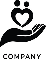 Obraz premium This logo design features a stylized hand supporting two figures forming a heart shape. It symbolizes compassion, support, and community engagement. Ideal for organizations focused on care, social ser