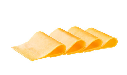 cheddar cheese cut into slices isolated on a white background.