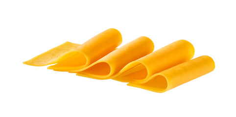cheddar cheese cut into slices isolated on a white background.