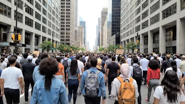 Large crowd demonstration walking down city street surrounded by tall skyscraper buildings urban public expression