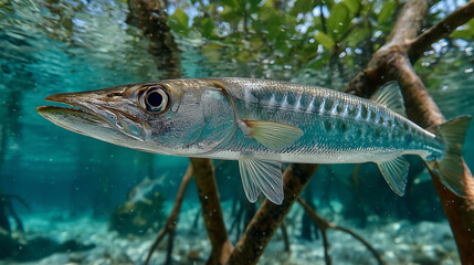 A sleek, silver juvenile barracuda glides through sun-drenched, shallow water among the tangled prop roots of a vibrant mangrove forest.
