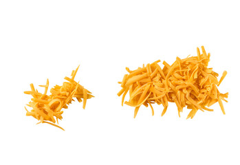 Fototapeta premium grated cheddar cheese isolated on a white background, top view.