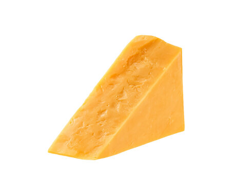 piece of cheddar cheese isolated on a white background.