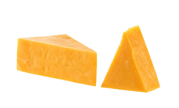 aged cheddar cheese . piece of mature cheddar isolated on a white background.