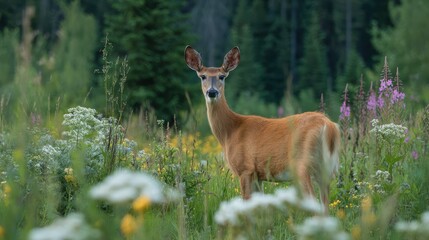 Young deer standing gracefully in a vibrant meadow filled with colorful wildflowers and lush greenery, showcasing the beauty of nature in a tranquil environment
