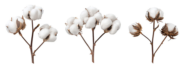 set of cotton plant heads with fluffy seed bolls and brown buds