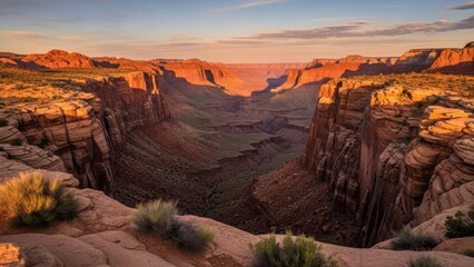 Dramatic desert canyon at sunset with towering cliffs, deep central chasm, glowing rock walls and sparse shrubs along the rugged sandstone rim

