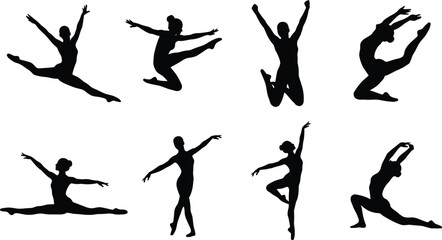 Obraz premium Ballet dancer silhouette collection, graceful female and male poses, leaps, arabesques, plies, modern and classical dance poses, vector, editable, high-resolution, isolated on white