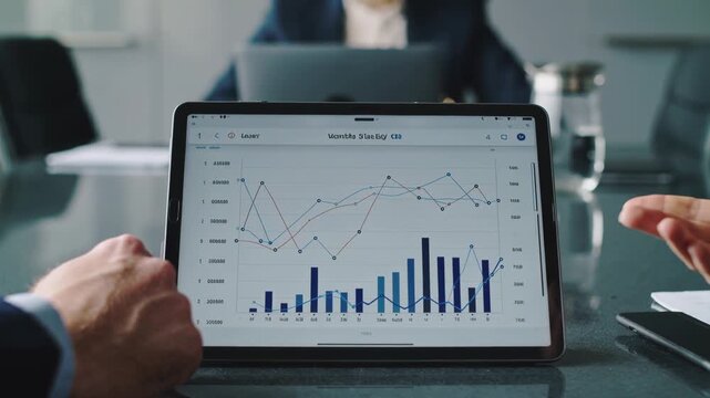 Close-up of a financial app demo on a tablet during a fintech pitch meeting, hands of multiethnic executives pointing at graphs, soft rack focus from tablet to presenters face, modern minimalist setti