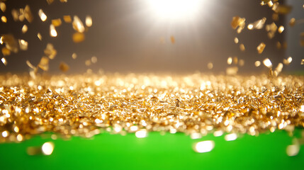 Shimmering gold particles gracefully cascade down, creating a mesmerizing display of sparkle and radiance in a vibrant green setting.