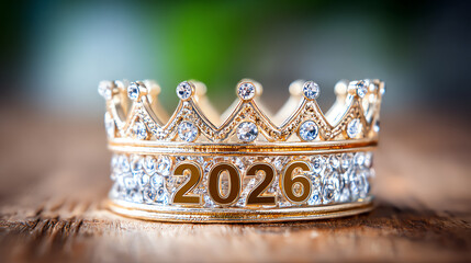 Shiny golden crown adorned with crystals, marking the year 2026, symbolizing celebration and new beginnings.
