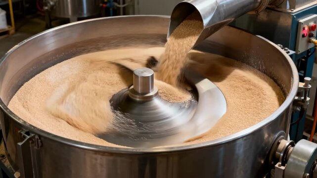 Continuous centrifugal spinning process with raw sugar grains swirling inside large rotating drum discharge chute funneling product efficiently.