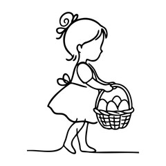 Dibujo de trazo único de una niña sosteniendo en la mano una cesta llena de huevos de pascua, buscando dulces © teracreonte