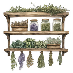 Obraz premium Watercolor Illustration of Rustic Wooden Herb Drying Rack Shelf with Jars and Hanging Herbs 